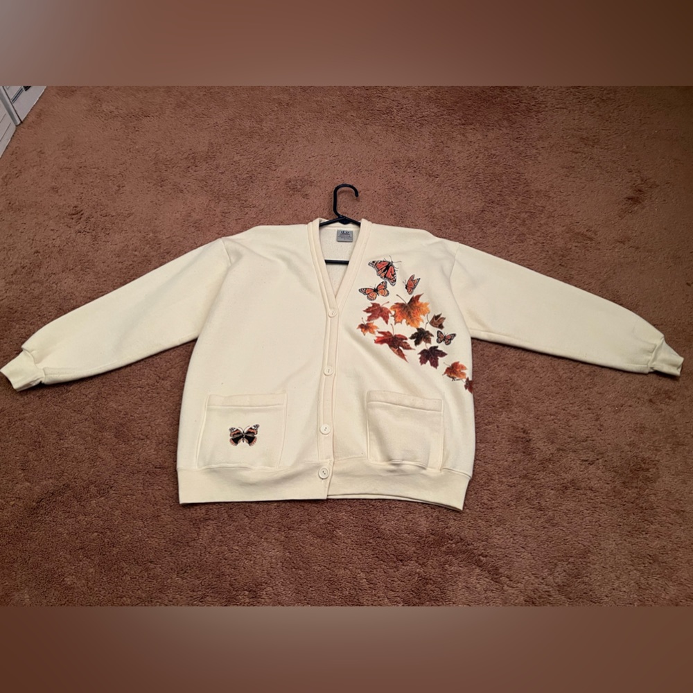Vintage - Woman's Cardigan Sweater Autumn Fall Leaves and Butterfly - Pockets